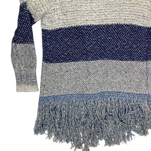 Lucky Brand Cardigan Women L Blue White Fringe Boho Tunic Fuzzy Cottage Sweater - Picture 8 of 16